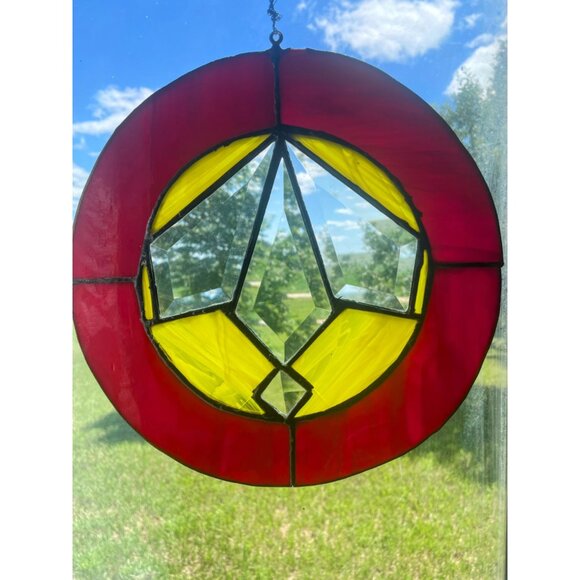 Antique Arts & Crafts Era Round Leaded Beveled Stain Glass Panel Some Damage